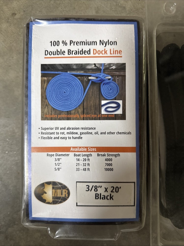 3/8" x 20 ft MLR 100%  Nylon Double Braided Dock Line - Solid Black