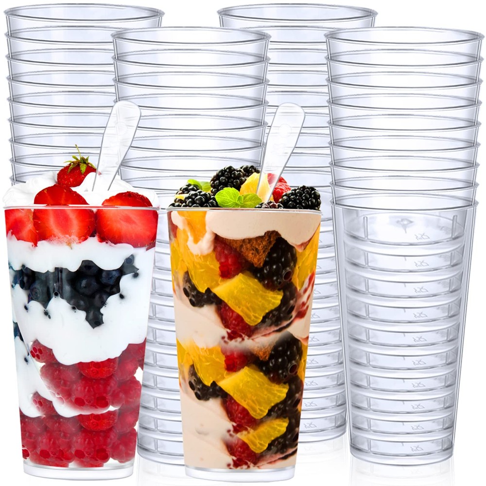 Chengu 3 oz Clear Plastic Mini Dessert Cups with Spoons Shooter Round Dessert Cu