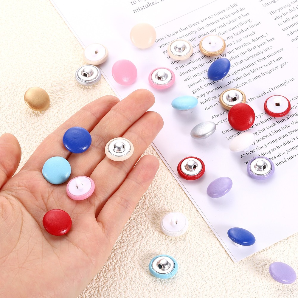 25pcs PU Leather Covered Button 15mm Plastic Shank Round Button, Black