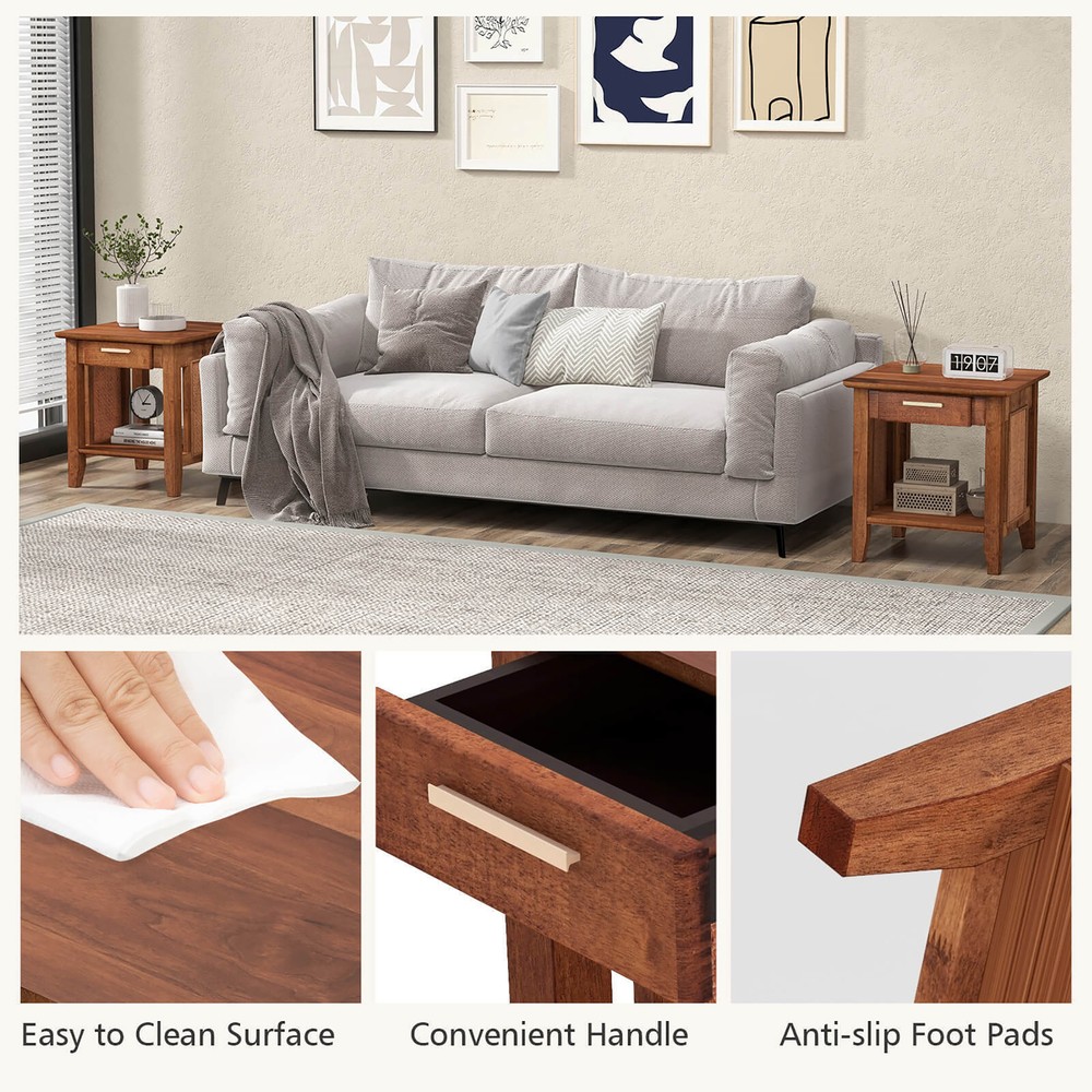 Boho Style Nightstand 3-Tier Sofa Side End Table w/ Drawer & Shelf Walnut