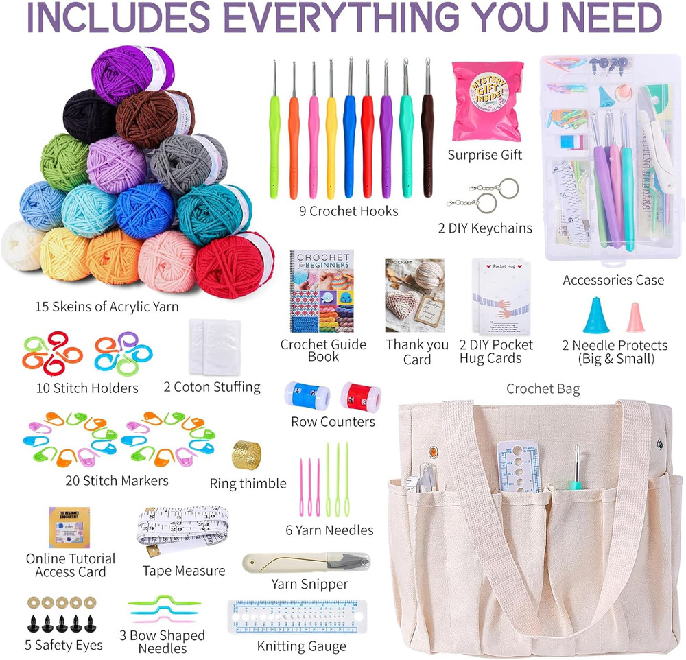 Beginner Crochet Kit 81 Piece Starter Set with Yarn Hooks Guide Book