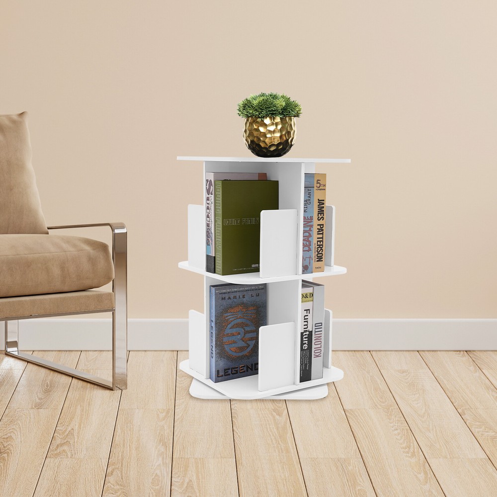 2-Tier Rotating Bookshelf - Compact White Bookcase for Corner Storage