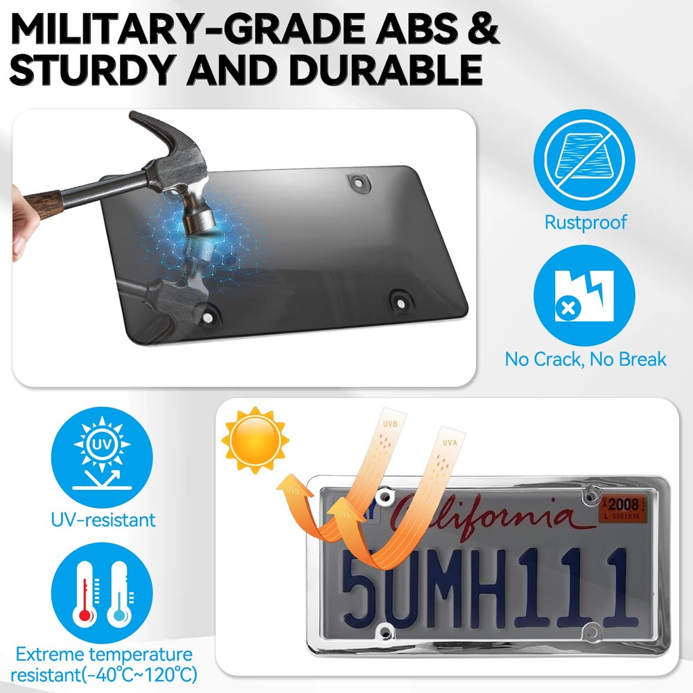 2 Unbreakable License Plate Covers+Frames Auto Tag Shield Protector Front Rear.