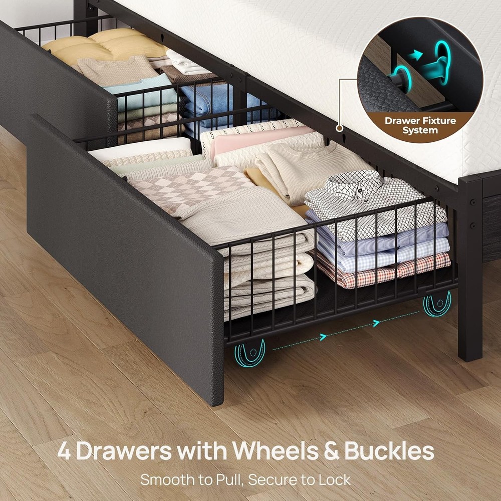 Twin Platform Bed LED Lights Charging Station 4 Drawers
