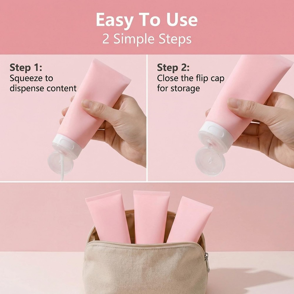 ‌3Pcs 80ml/2.7oz Pink Empty Refillable Silicone Squeeze Tubes with Transparen...