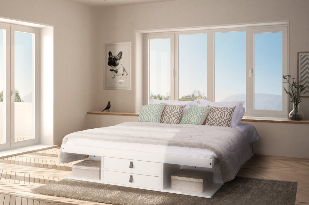 Memomad Bali Bed - King Size Storage Platform Bed Frame with Drawers (White)