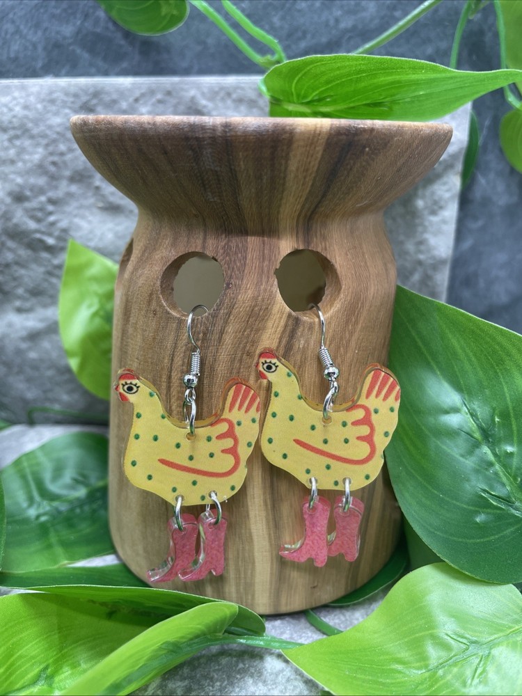 2” Silver-tone Chicken Acrylic Boho Drop Dangle Earring Set New Free Ship C68