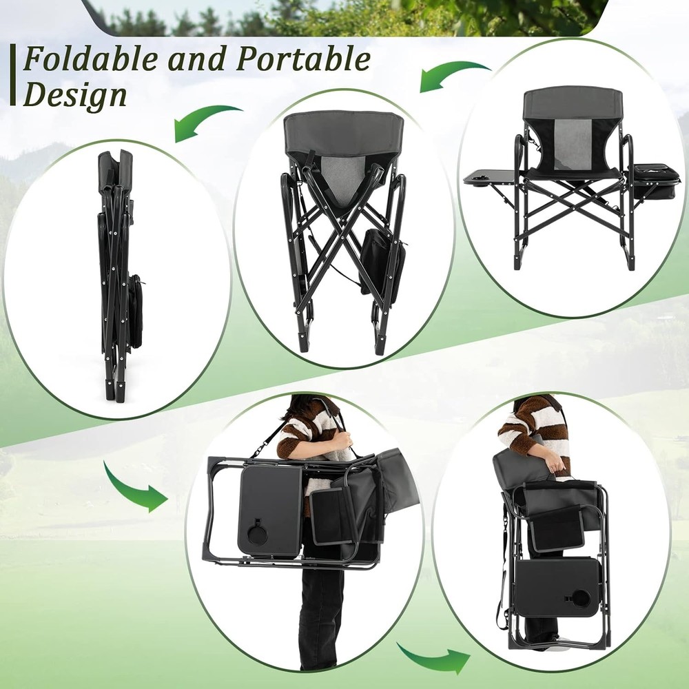 Camping Chair W/ Side Table Storage Pocket Cooler Bag Shoulder Strap Handle