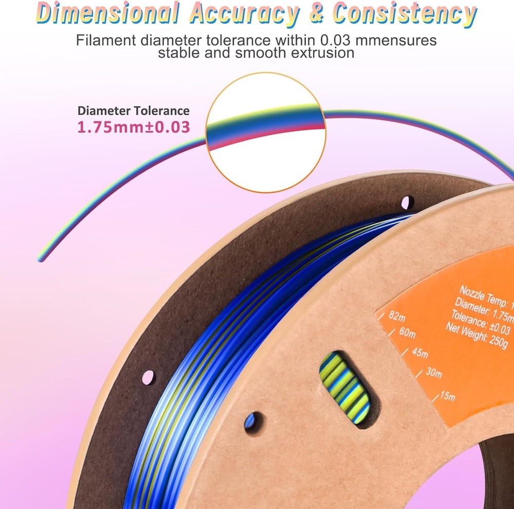 Silk tri-color PLA filament for 3D printing.