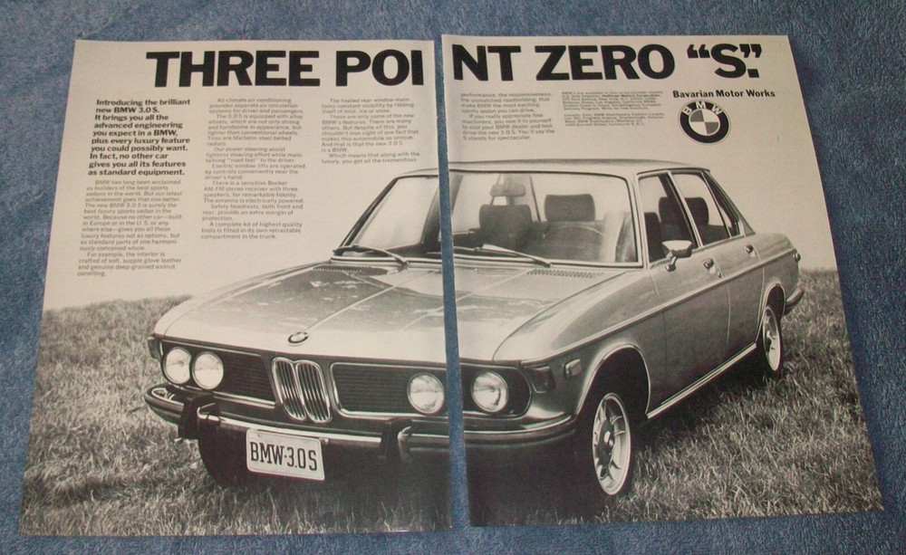 1973 BMW 3.0 S Vintage 2pg Ad "Three Point Zero "S"