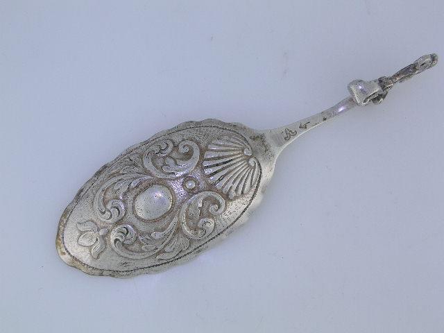 Old Silver MONKEY or TEA CADDY SPOON w/ figural handle scroll bowl ~hallmarked