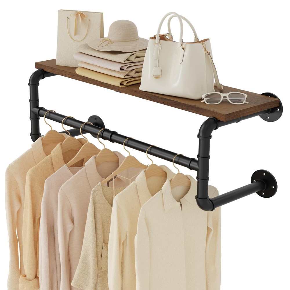 Industrial Pipe Clothes Rack with Top Shelf, Wall Mounted, Space Saving Hange...