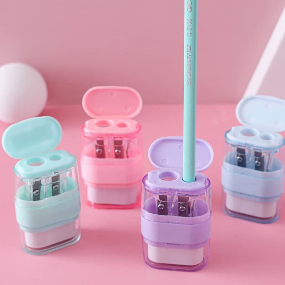 4 PCS Manual Pencil Sharpener with Eraser, Double Hole Multicolored Sharpener...