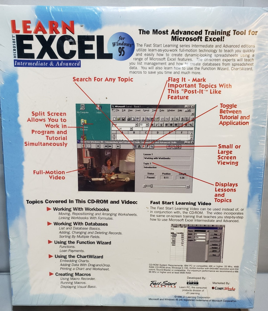 Microsoft Excel intermediate and advance windows 95 For PC or VCR New & Sealed
