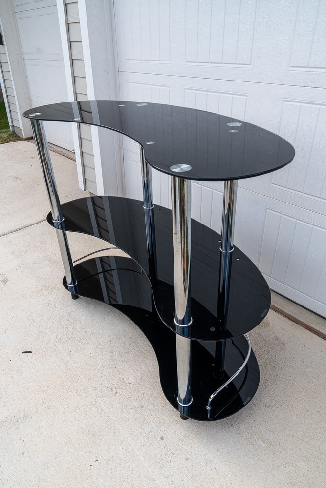Abstract Black 3 tiered glass and chrome bar and storage