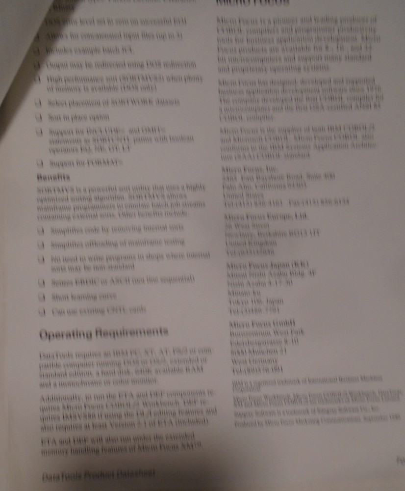 Micro Focus COBOL - 4 Brochures, 1989: Dialog System, 370 Assembler, Data Tools