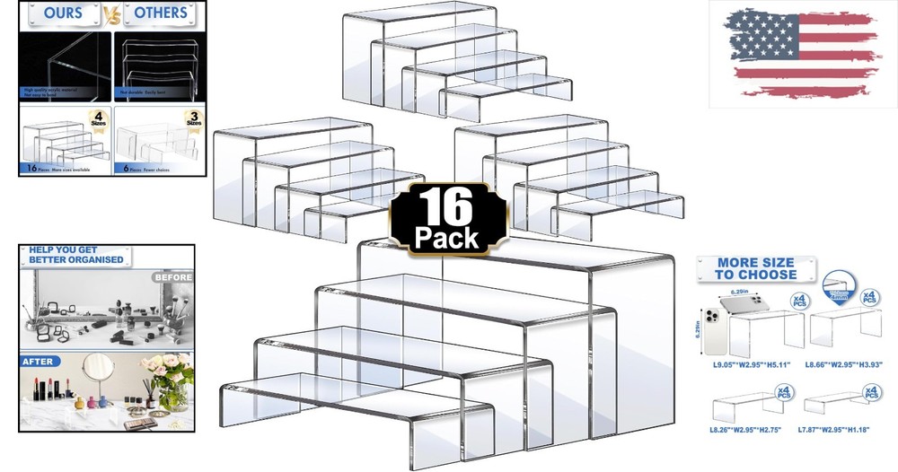 Polished Acrylic Display Risers - 16 Pcs Set for Organized Elegance in Any Space