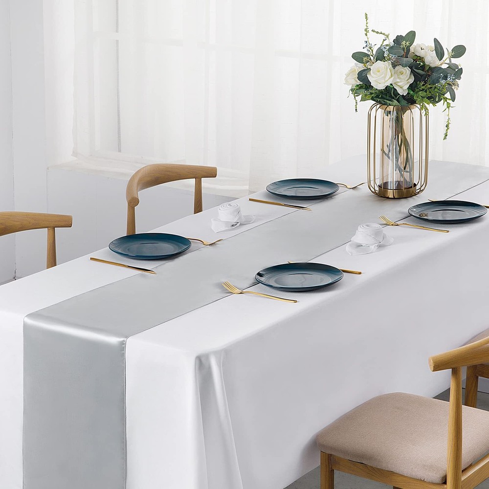 24PCS Silver Satin Table Runners 12"x108" Wedding & Party Table Decor