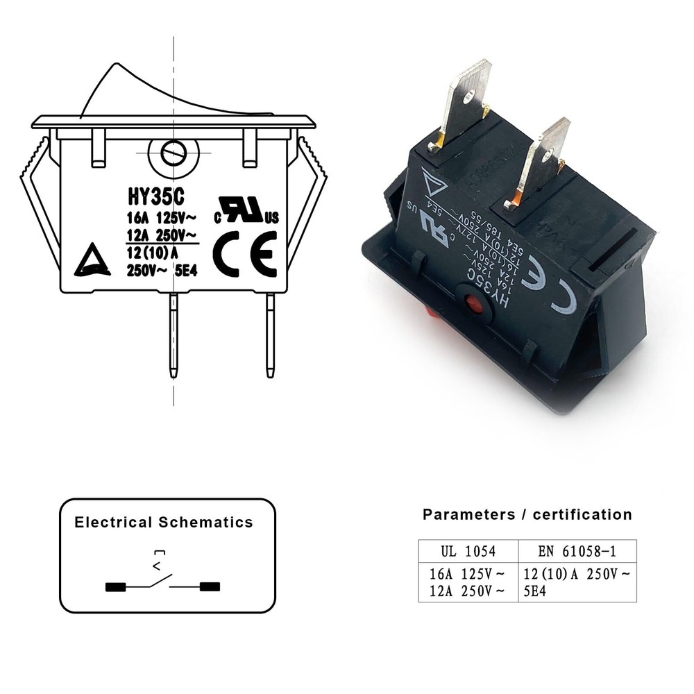 HY35C Rocker Switch Push Button Switch 2 Pin 12A 250V ON - Off