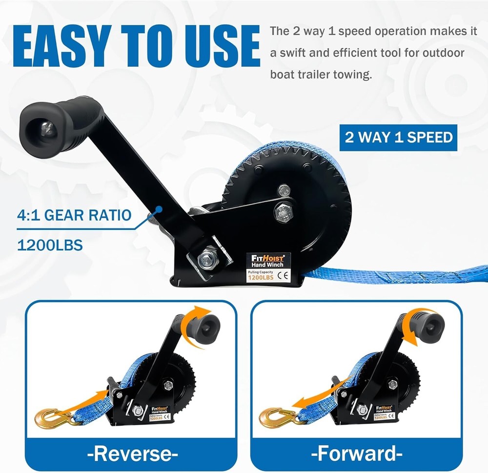 Boat Trailer Winch，Heavy Duty Hand Winch with Polyester Strap, 1200LBS