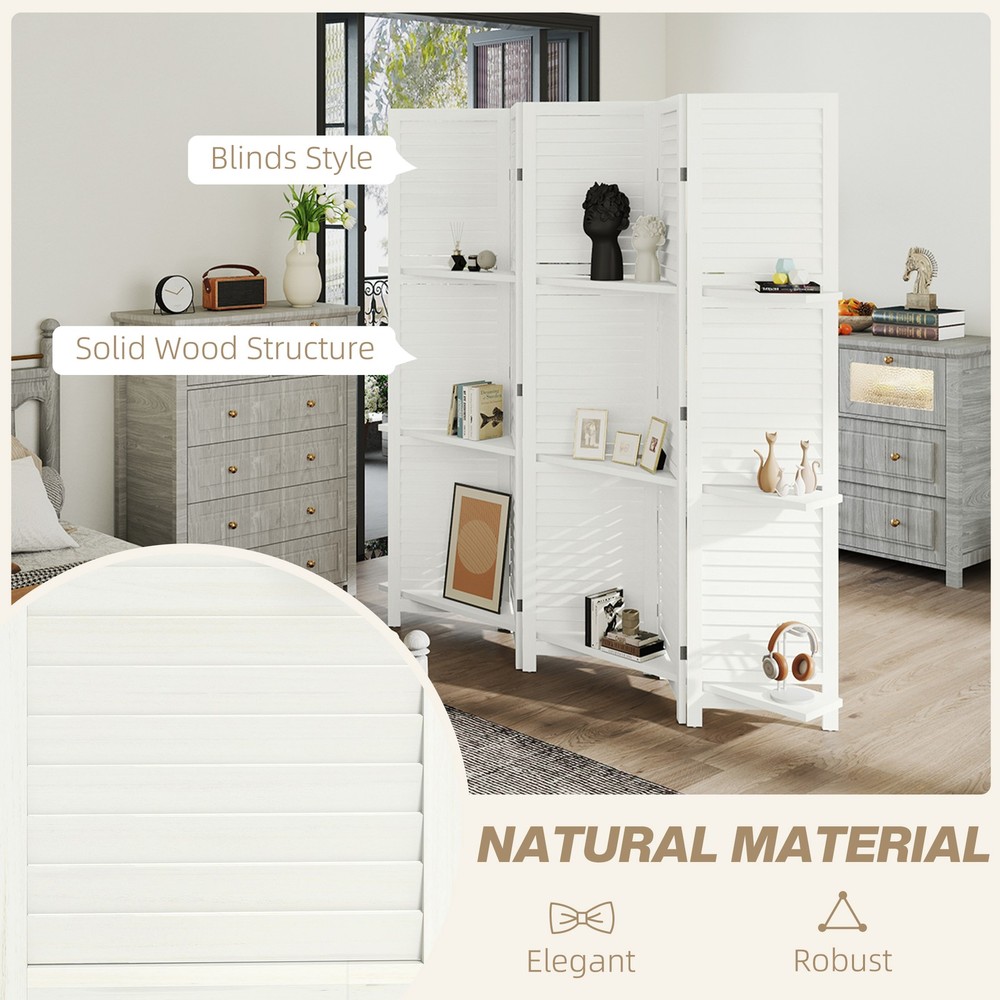 5 Panel Privacy Screen, Room Divider with 3 Shelves White