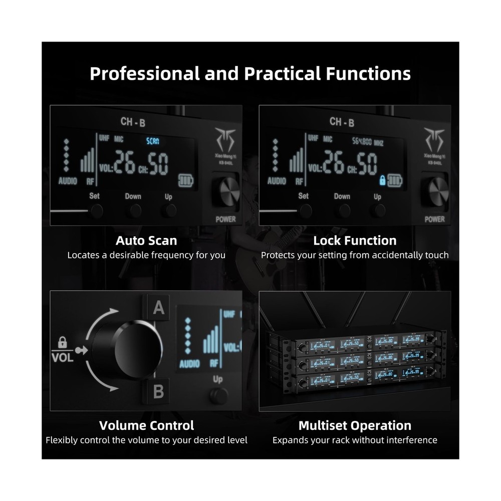 4-Channel Wireless Microphone System, 4 Handheld Dynamic Mic, 200 UHF Frequen...