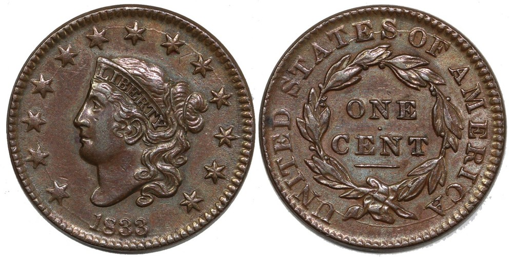 1833 1c N-5 Coronet or Matron Head Large Cent
