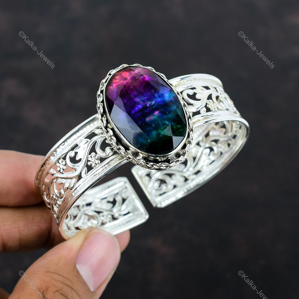 Gift For Her 925 Sterling Silver Natural Ammolite Gemstone Bangle Adjustable