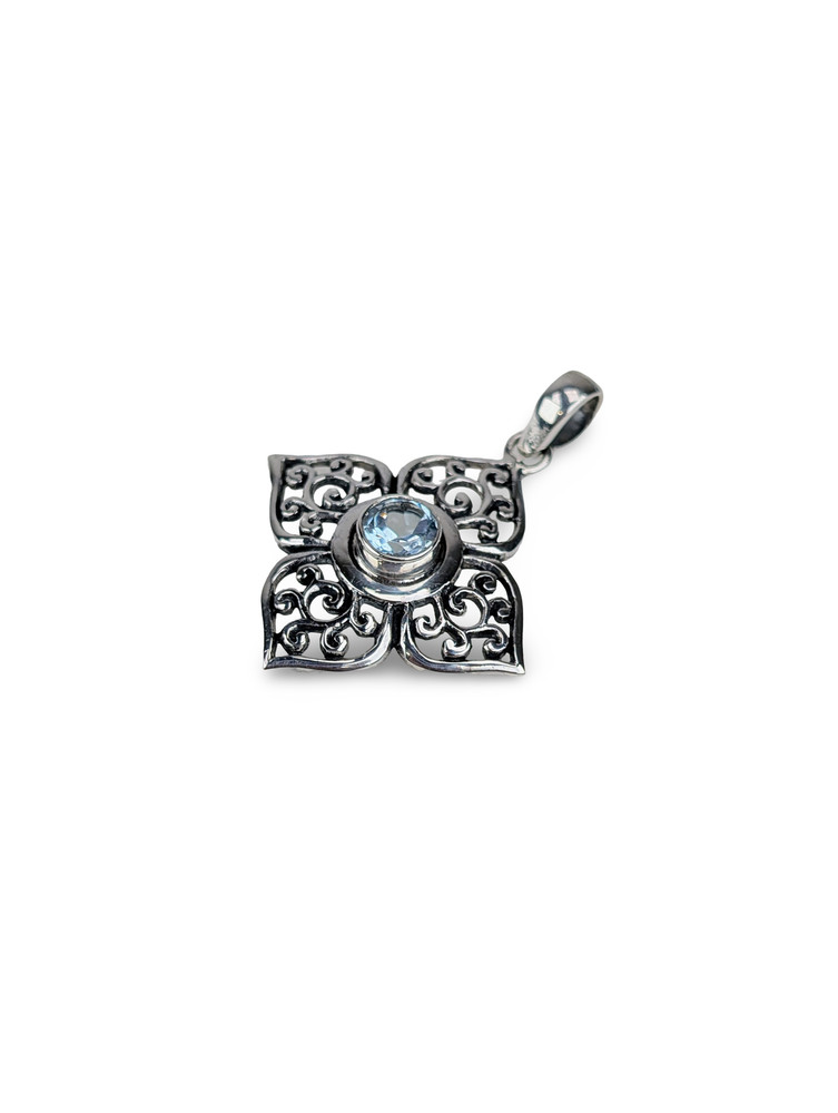 Blue Gemstone Pendant, Scrollwork Pendant, Ornate Silver Pendant