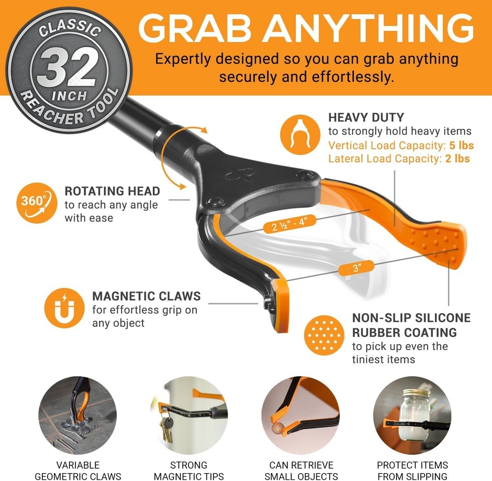 32" Folding Grabber Reacher Tool with Dual Magnets
