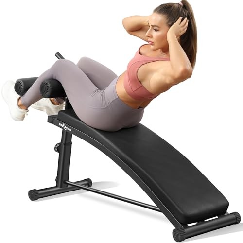 Sit Up Bench with 4 Adjustable Heights and Reverse Crunch Handle, Curved Black