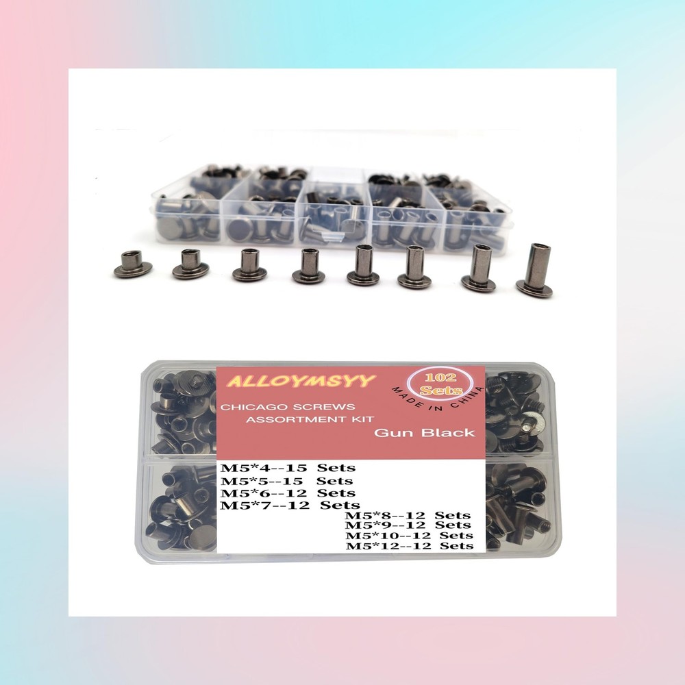 102 Sets Black Leather Rivets M5 Chicago Binding Screws Assorted Sizes Kit