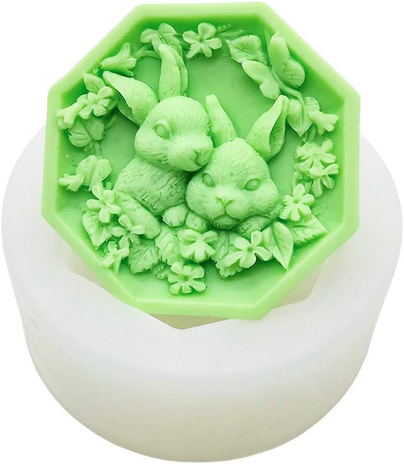 Octagon Frame Rabbit with Flowers Silicone Soap Mold Easter Bunny Handmade Soap