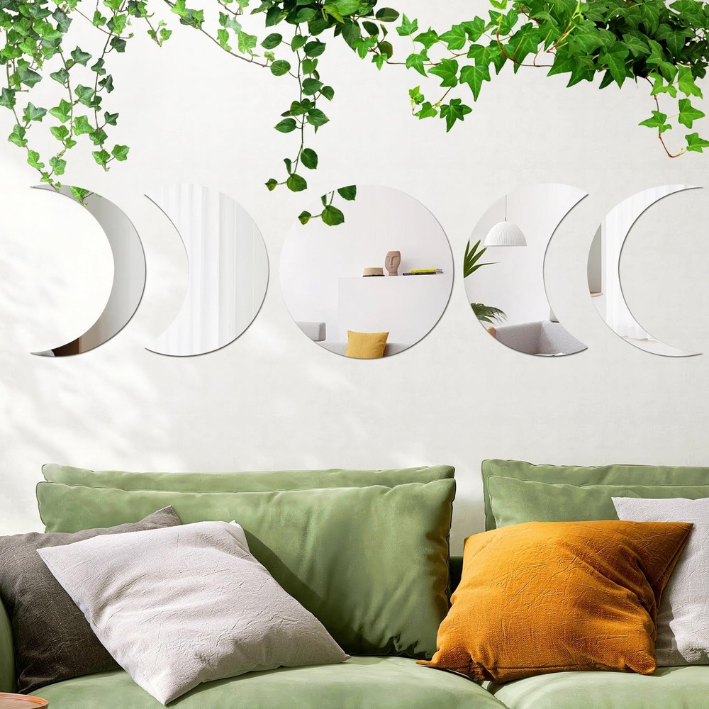 5pieces Moon Phase Mirror Set Wall Decor, Unbreakable Acrylic Self-Adhesive B...