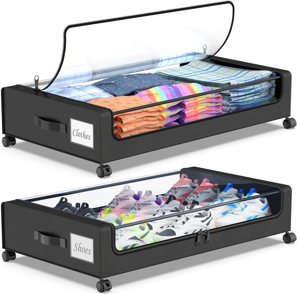 under Bed Storage with Wheels, 2-Pack under the Bed Storage Containers with Lids