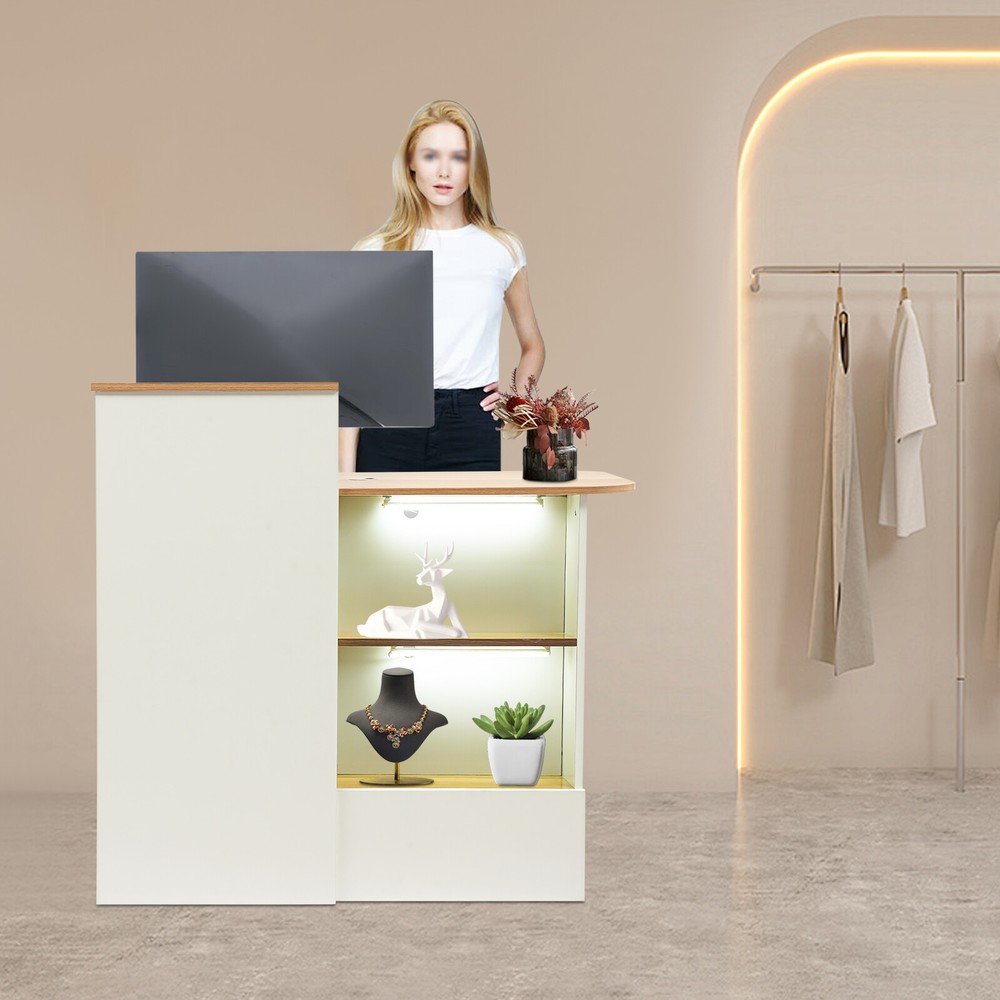 Reception Desk with LED Lights - Modern Office Front Counter & Storage