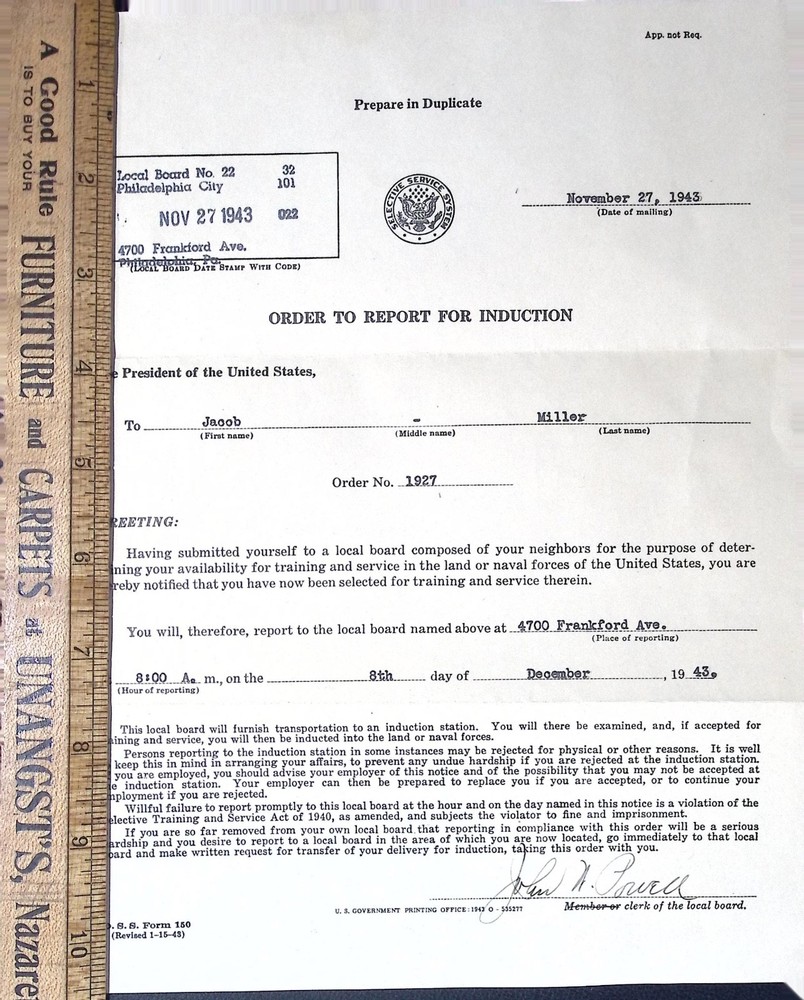 1943 WWII Selective Service Order To Report For Induction Draft Notice Document