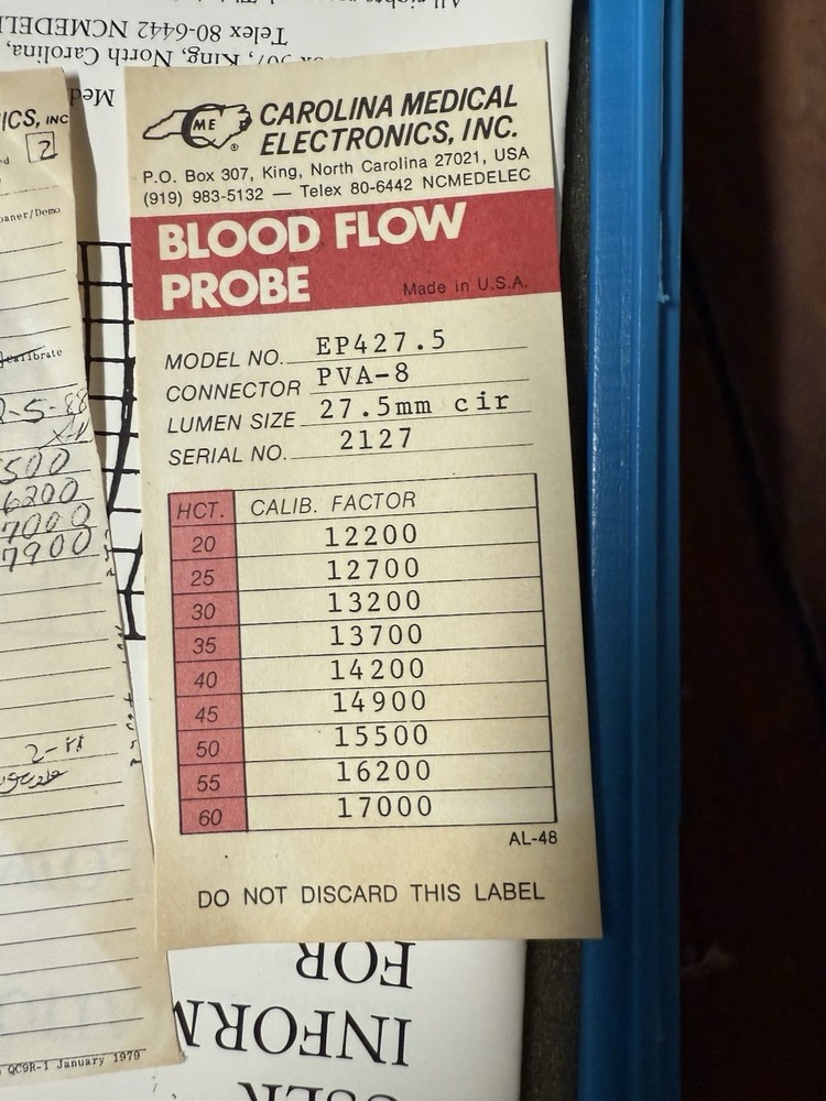 Carolina Medical Electronics Blood Flow Probe EP427.5 w/ Case Docs