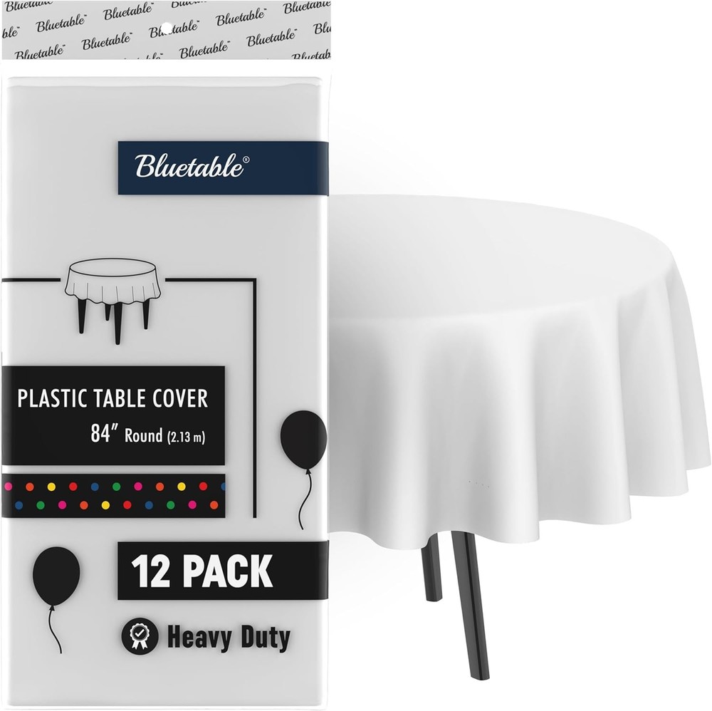 White Plastic Tablecloth Round Disposable () Bulk Table Cloth (84” Inches)
