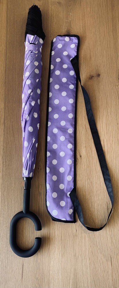 Purple/White Polka Dot & Black Double Layer Reverse Umbrellas - C Shaped Handle