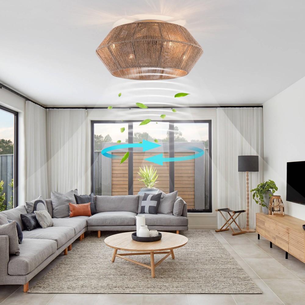 Boho Ceiling Fan Rattan Caged Flush Mount Fan Light +Remote Control Ceiling Fan