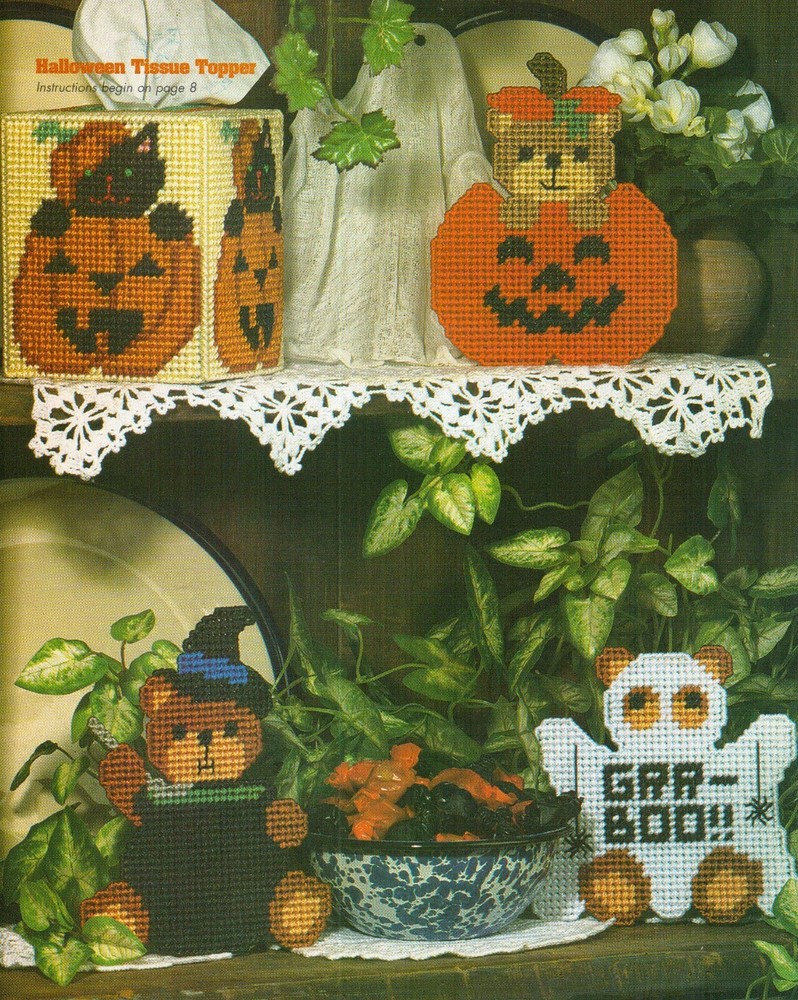 BEARY SCARY SPOOKS HALLOWEEN TISSUE COVER PLASTIC CANVAS PATTERN INSTRUCTIONS