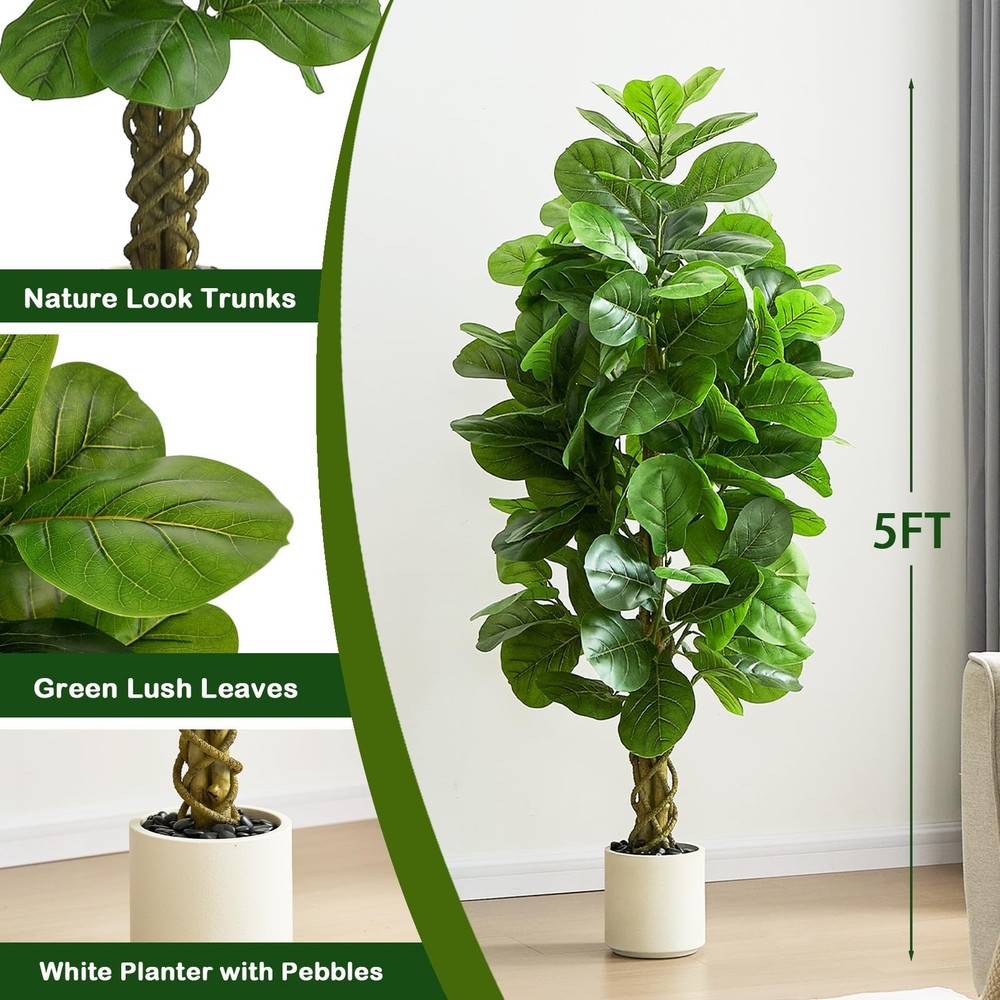 Artificial Fiddle Leaf Fig Tree 5FT, Large Fake Tree in White Pot, Artificial...