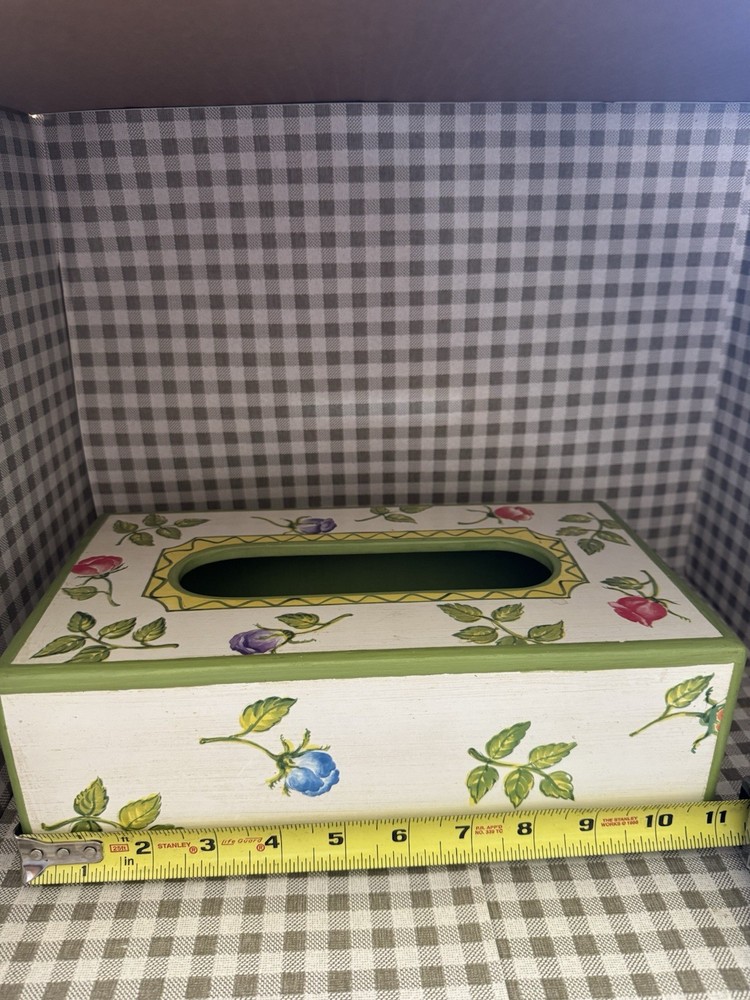 Vintage 80s Floral Kleenex Tissue Holder Rectangular Wooden Box