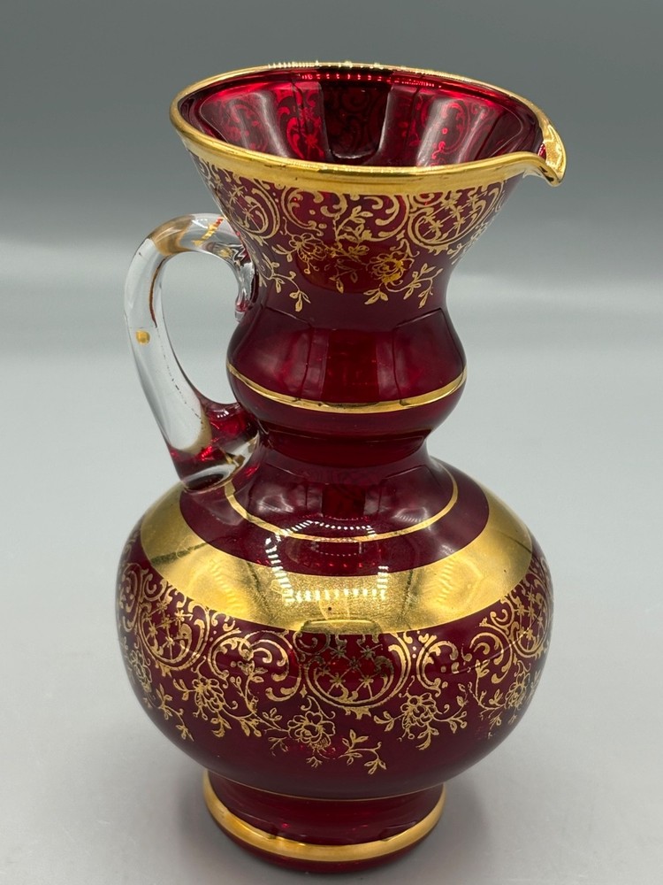 Vintage Bohemian Style Red & Gold Pitcher marked "V. M.” Clear applied handle