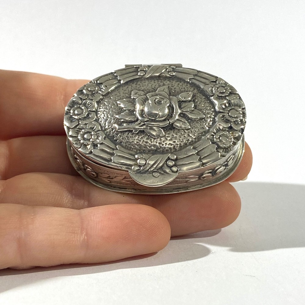 Antique Solid Silver  Pillbox , Hallmarked with Floral decorations