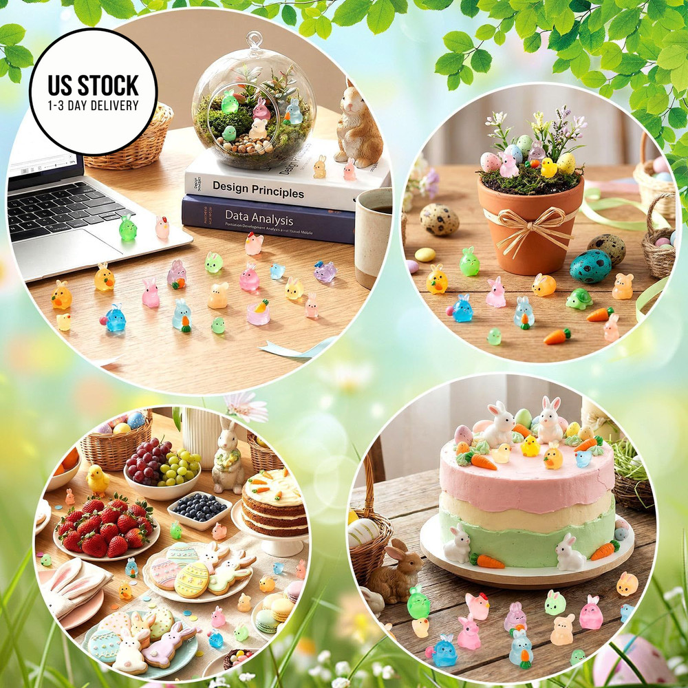 VICROIC 50 PCS Easter Luminous Mini Resin Figures, Tiny Small Multicolored
