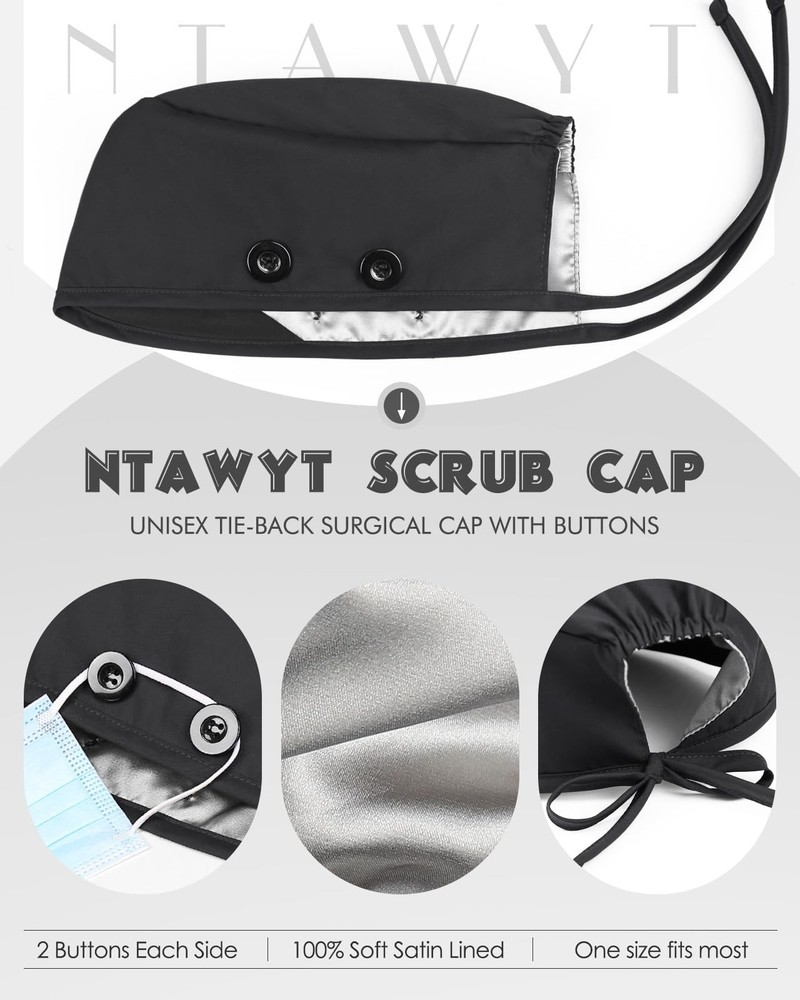 Unisex Satin Lined Scrub Cap Adjustable Tie Back Nurse Working Hat