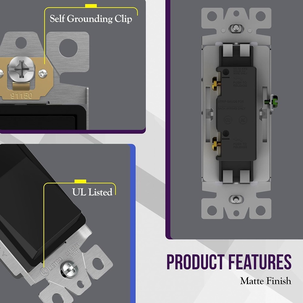 Matte Black Light Switch, Decorator Paddle Rocker Wall Switch, Single Pole, 3...