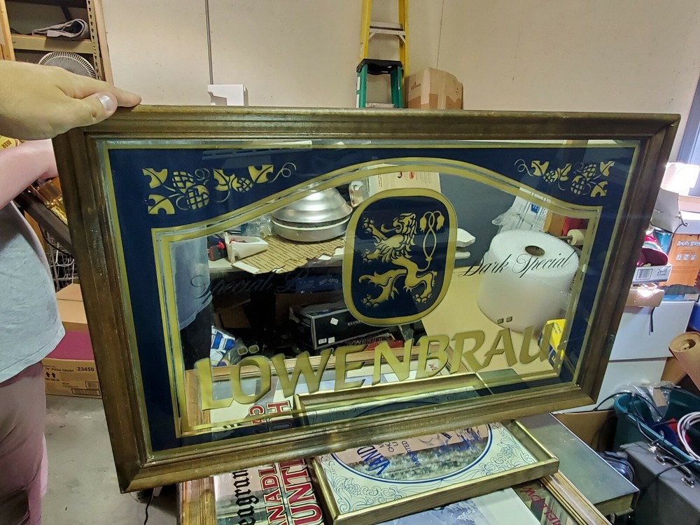 Lowenbrau Beer Mirror Lion Wood Framed Rectangular